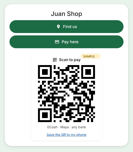A Designix Button page with a Pay here button and a sample QR Ph code