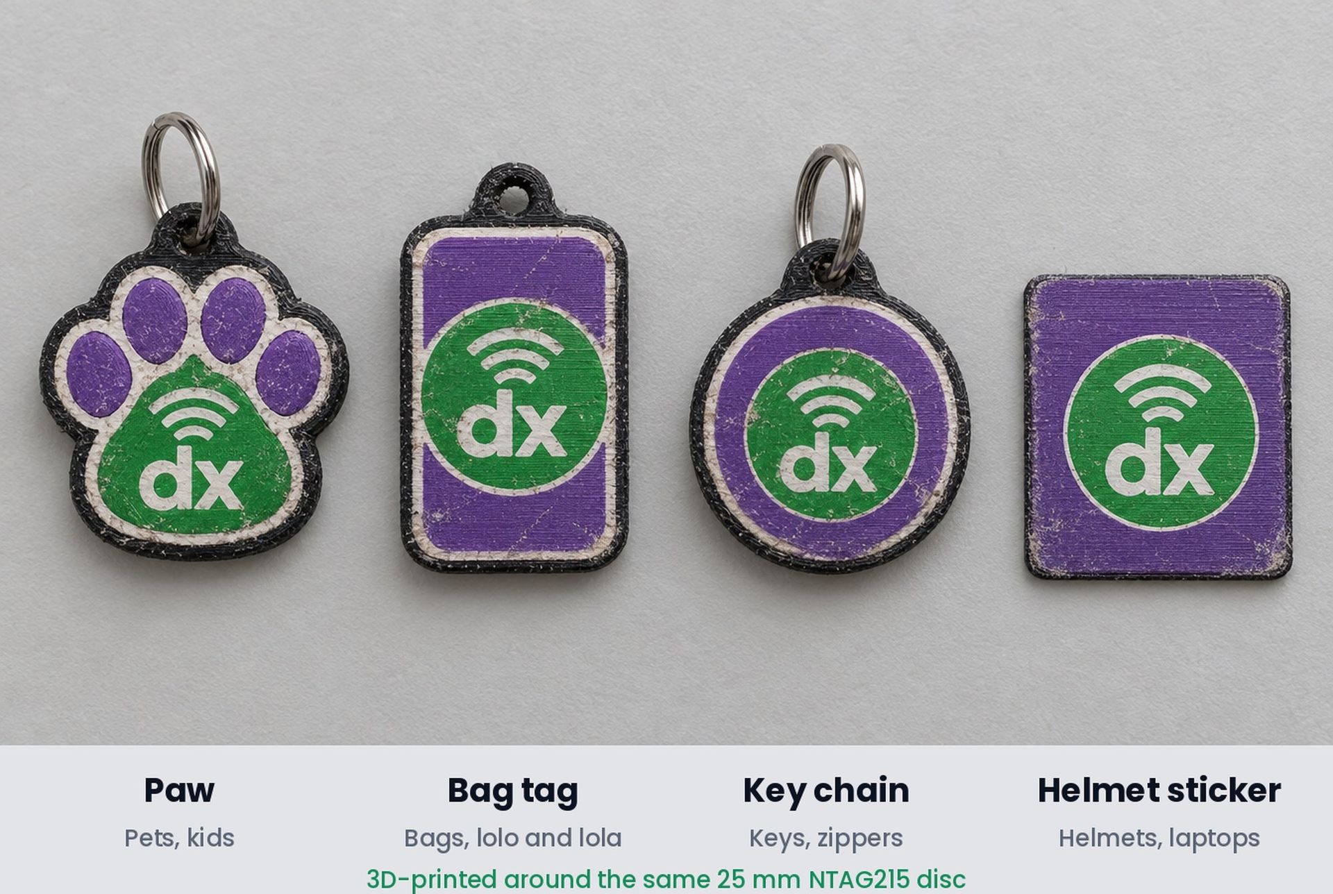 Designix Button in paw, bag tag and key chain shapes, each with a 25 mm NFC disc